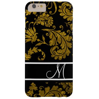 Gold Vintage Damask Pattern On Black Monogrammed Barely There iPhone 6 Plus Case