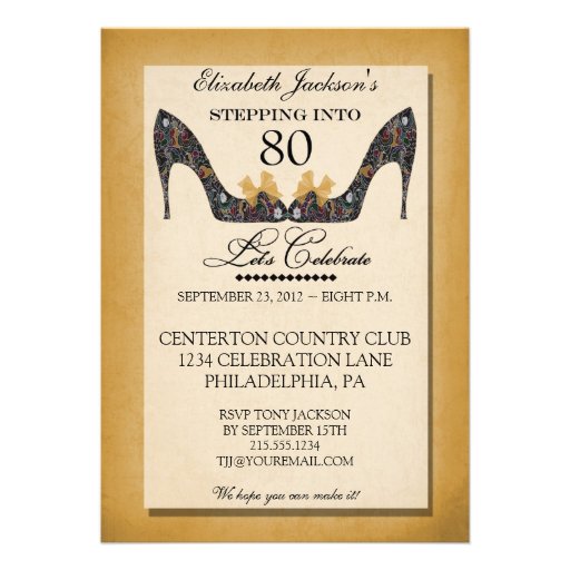 Gold Vintage Floral Shoe 80th Birthday Invitation (front side)