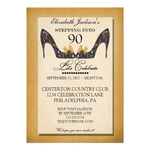Gold Vintage Floral Shoe 90th Birthday Invitation (front side)