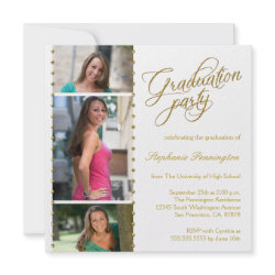 Gold white 3 photo graduation party announcement