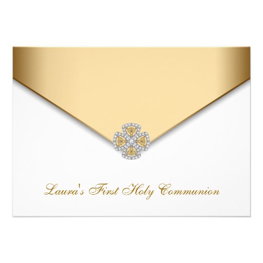 Gold White Girls First Holy Communion Custom Announcement (front side)