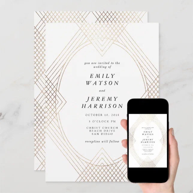 Gold White Oval Geometric Art Deco Gatsby Wedding Invitation Zazzle