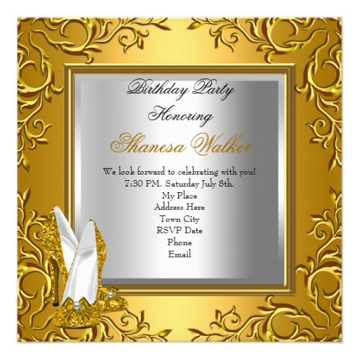 Gold White Silver High Heel Shoes Champagne Personalized Invites