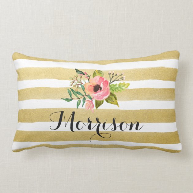 Gold White Stripes Chic Watercolor Flower Monogram Pillows