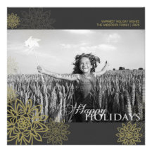 Gold Winter Snowflakes Holiday Photo Greetings Invites