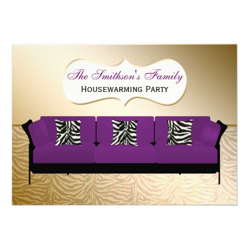 gold, zebra stripes, chic Purple sofa, mod invites