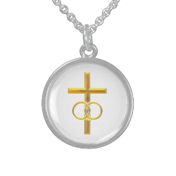 Golden 3-D Cross with Wedding Rings Sterling Silver Necklaces