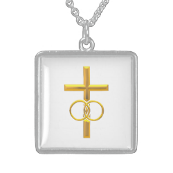 Golden 3-D Cross with Wedding Rings Necklaces