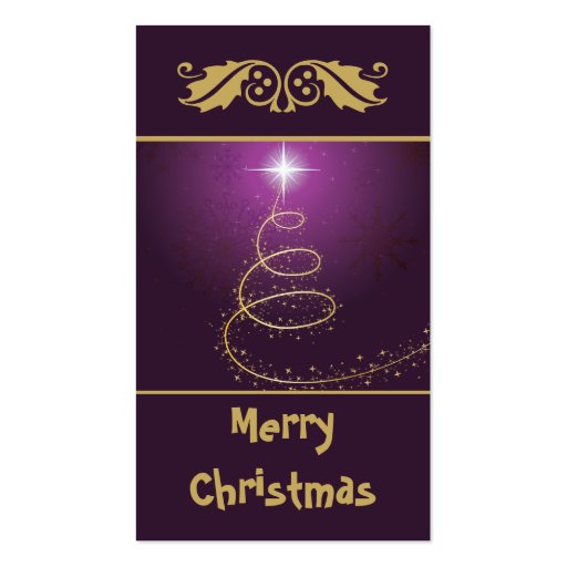 Golden abstract Christmas Tree on glowing purple Business Card Template