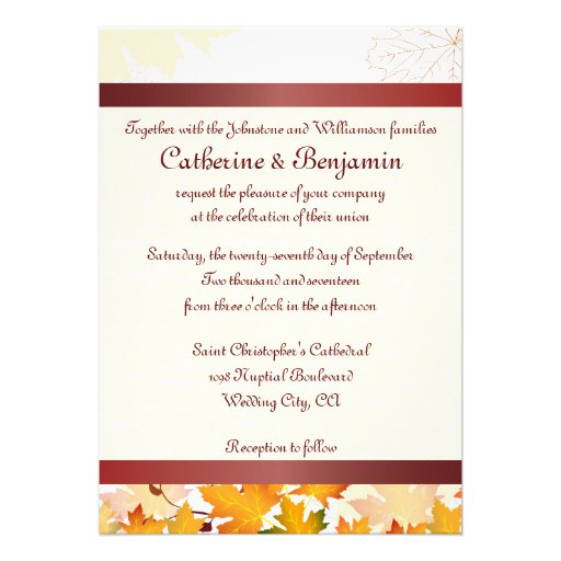 Golden Autumn Leaves with Red Wedding Card