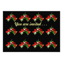 Golden Bells with Green Holly Christmas Ornament Personalized Announcements