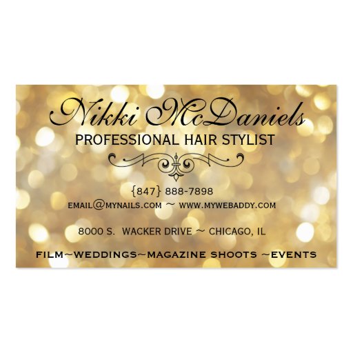 Golden Bokeh Hairstylist Business Card Templates (back side)