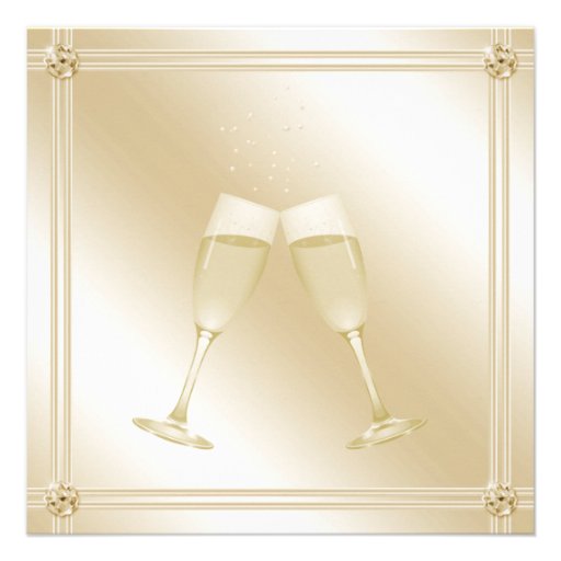 Golden Champagne Glass & Sapphire Engagement Party Personalized Invitation