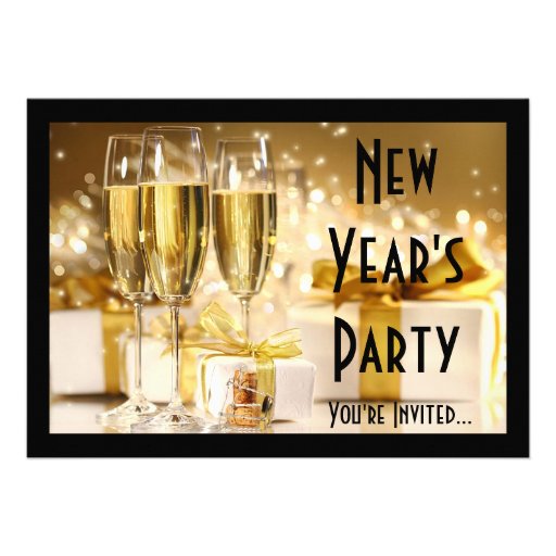 Golden Champagne New Year's Eve Custom Invite (front side)
