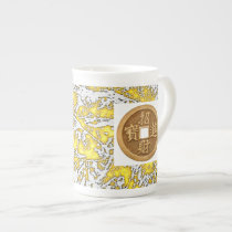 GOLDEN CHINESE GOOD LUCK CERAMIC CUP & TEAPOT PORCELAIN MUGS