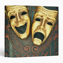 Golden comedy and tragedy masks on patterned 3 ring binder