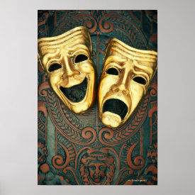 Golden comedy and tragedy masks on patterned print