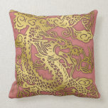 Golden Dragon on Coral Leather Texture Throw Pillow