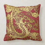 Golden Dragon on Red Leather Texture Throw Pillows