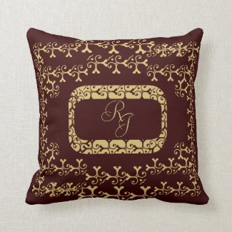 Golden Elegance Burgundy Monogrammed Throw Pillow