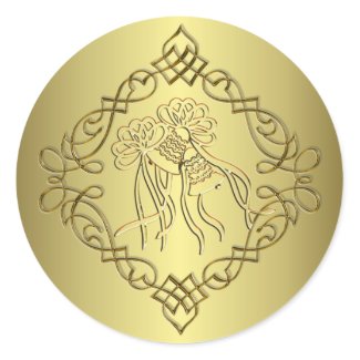 Golden Engraved Look Wedding Round Stickers