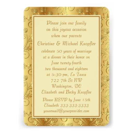 Golden floral, hearts 50th Wedding Anniversary Invites