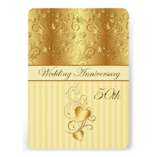 Golden floral, hearts 50th Wedding Anniversary Invites