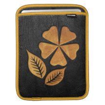 Golden Flower on Black Leather Sleeve For iPads