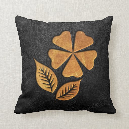 Golden Flower on Black Leather Throw Pillow Zazzle