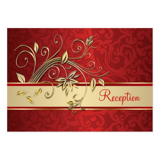 Golden flowers on red damask Reception Business Card Template (front side)