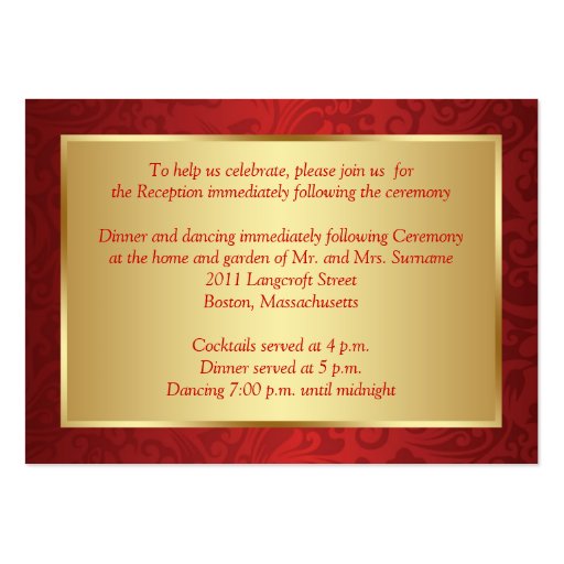 Golden flowers on red damask Reception Business Card Template (back side)