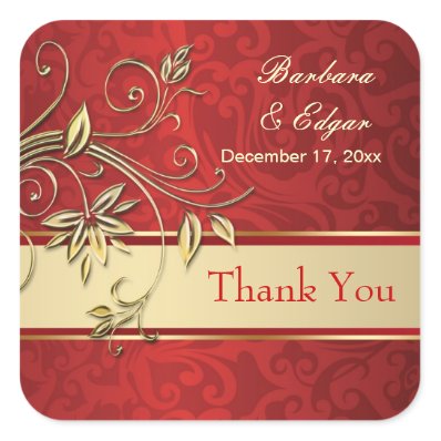 Golden flowers on red damask Wedding Thank You Square Stickers