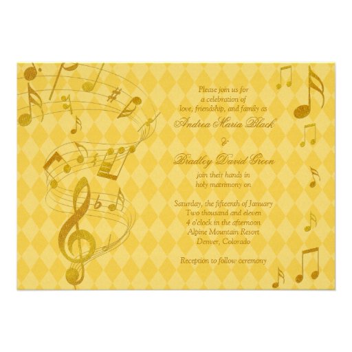 Golden Harlequin Music Notes Wedding Invitation