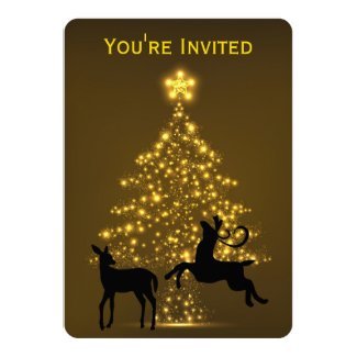 Golden Holiday Tree with Silhouette Deer Wedding 5x7 Paper Invitation Card