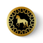 GOLDEN HORSE AND HORSESHOES PINBACK BUTTON