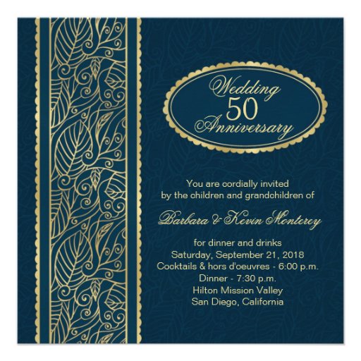 Golden leaves on blue 50th Wedding Anniversary Personalized Invite