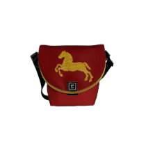 Golden Lotus Petal Pattern CNY Horse On Red Mini Messenger Bags  at Zazzle