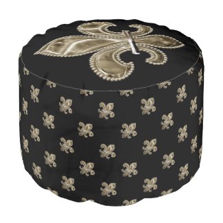 Golden Metallic Effect Fleur de Lis on Black Round Pouf