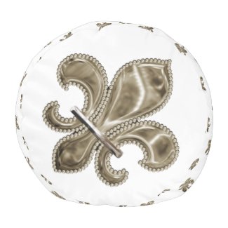 Golden Metallic Effect Fleur de Lis on White Round Pouf