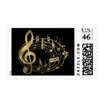 Golden musical notes in oval shape postage