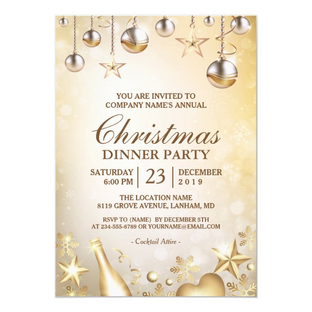 Golden Ornaments Christmas Corporate Holiday Party Card (front side)