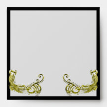 Golden Peacock Illustration on Damask Envelope