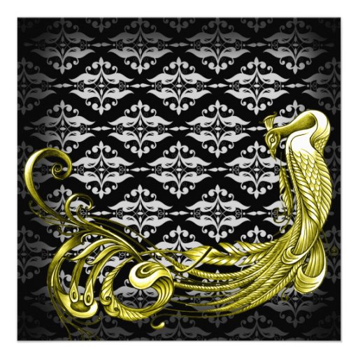Golden Peacock Illustration on Damask Invitation