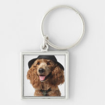 Golden Poodle Dog wearing Hat and Tie Key Chain