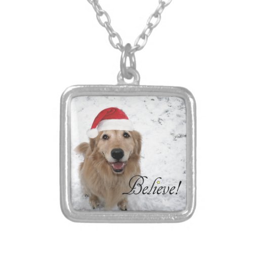 Golden Retriever Believe Christmas Square Pendant Necklace