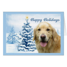 Golden Retriever  Christmas Card Blue Tree