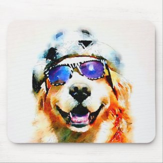 Golden Retriever in Hat and Sunglasses Watercolor Mouse Pad
