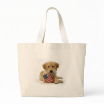 Golden Retriever Puppy and Flag Tote Bags