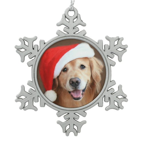 Golden Retriever With Red Santa Hat Snowflake Pewter Christmas Ornament