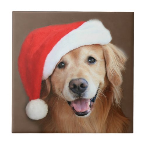 Golden Retriever With Santa Hat Small Square Tile
